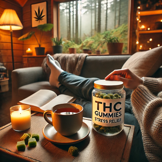 THC gummies for stress relief in a cozy relaxation scene with tea and a warm atmosphere.