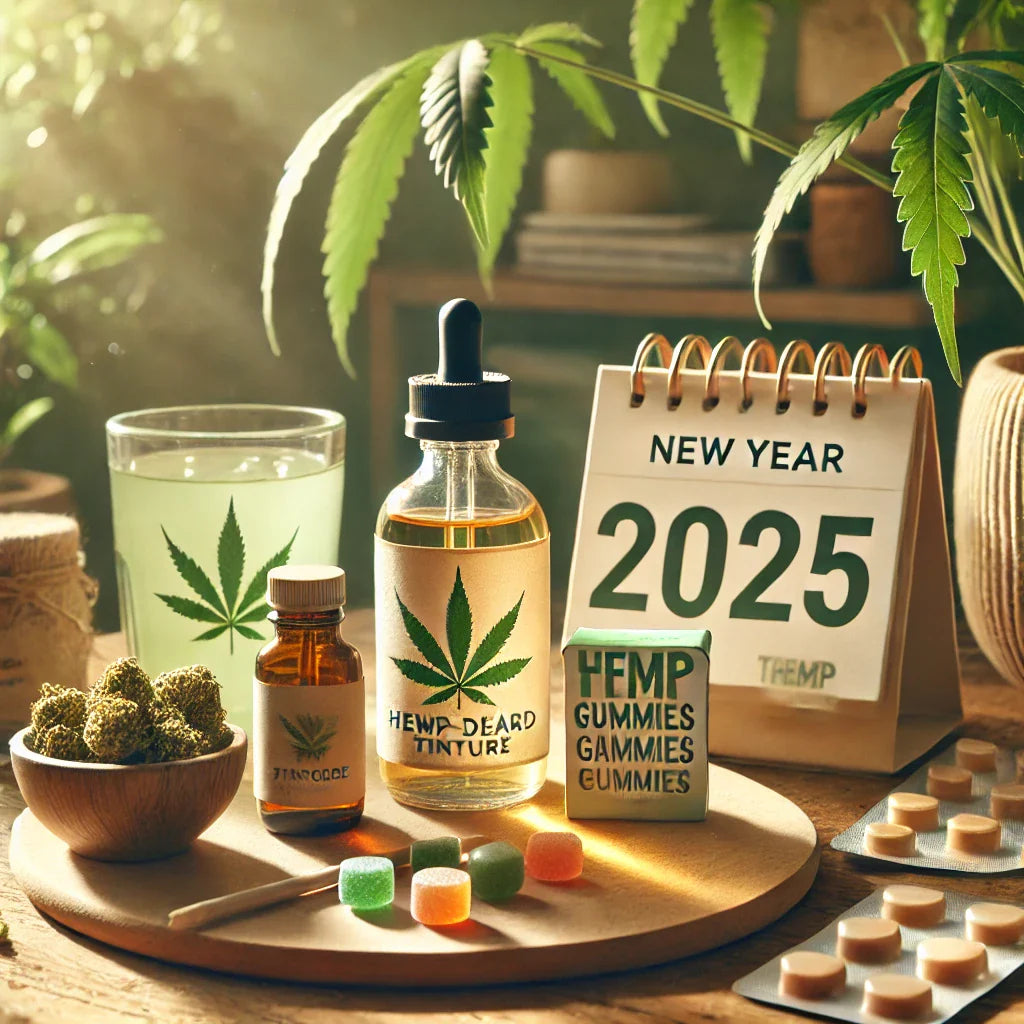 Hemp-derived THC products including tincture, gummies, and a beverage on a wooden table with soft lighting, green foliage, and a 2025 calendar.