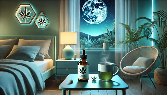 A cozy bedroom at night with soft lighting, a hemp-derived THC tincture, herbal tea, and a starry sky, promoting relaxation and sleep.